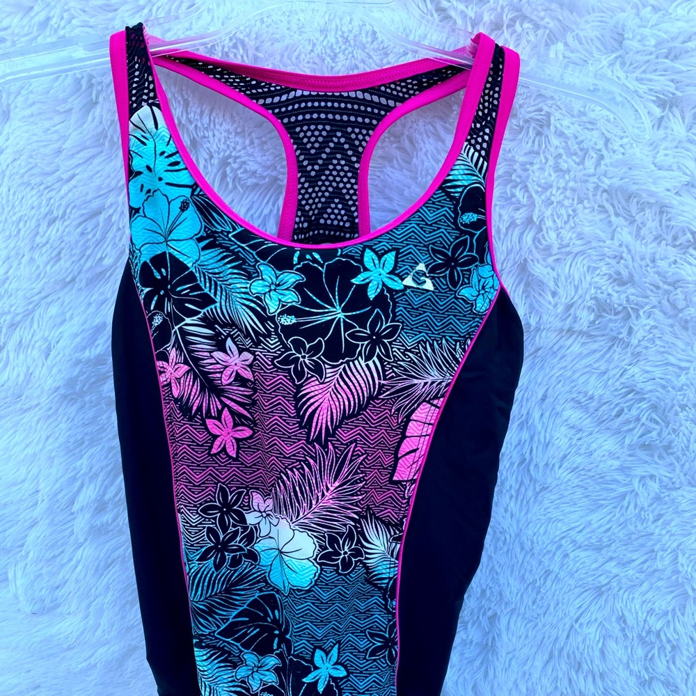 Gerry Youth one piece Swim Suit Black with pink and teal flowers Size 14